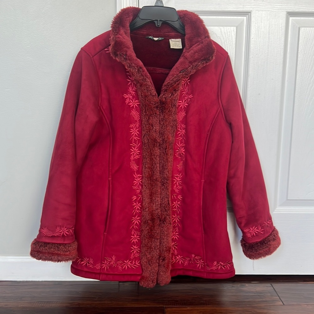 L.L. Bean red coat faux suede and faux fur - petite medium